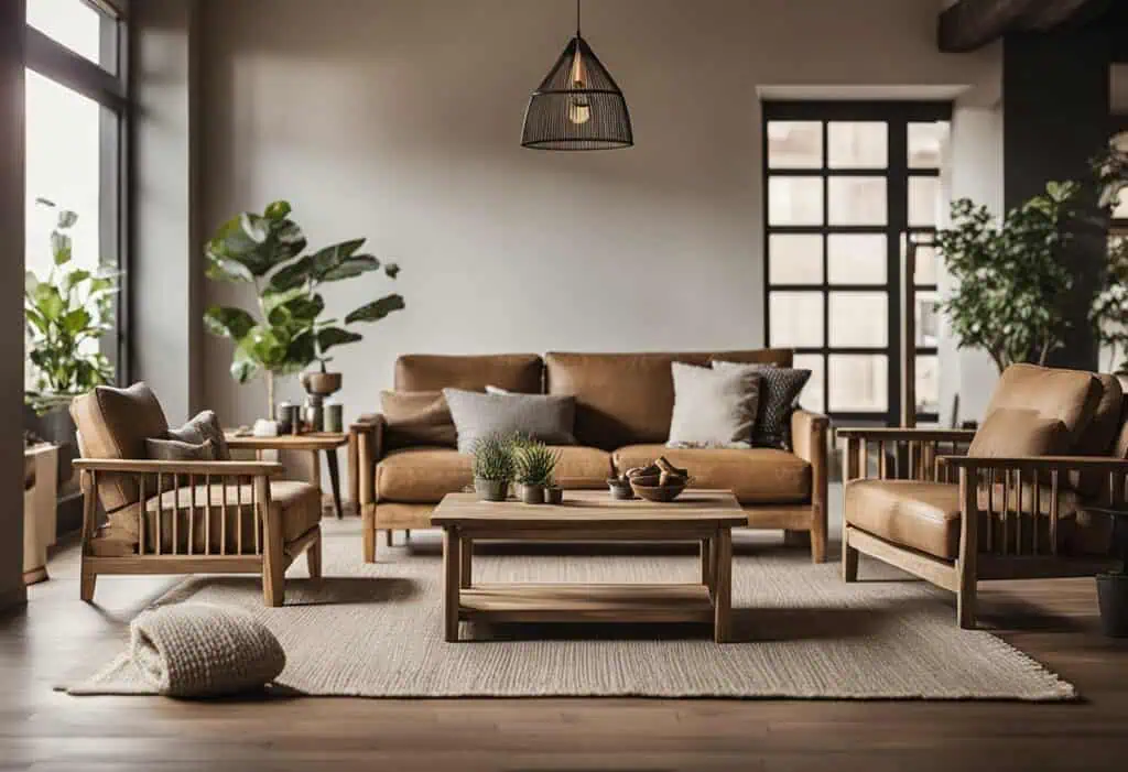 Reclaimed wood furniture in a stylish living room with natural light, plants, and cozy decor. Perfec.