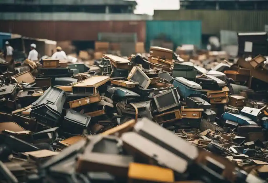 Pile of discarded old furniture ready for recycling in Singapore.