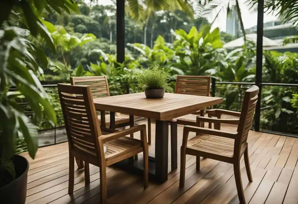Recycled teak outdoor dining table with four matching chairs, eco-friendly and stylish for sustainab.
