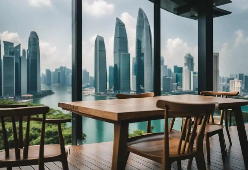 Recycled wood dining table and chairs in a high-rise apartment with city skyline view in Singapore.