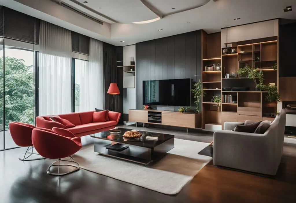 Elegant living room featuring red sofa, modern TV unit, and cozy armchairs.