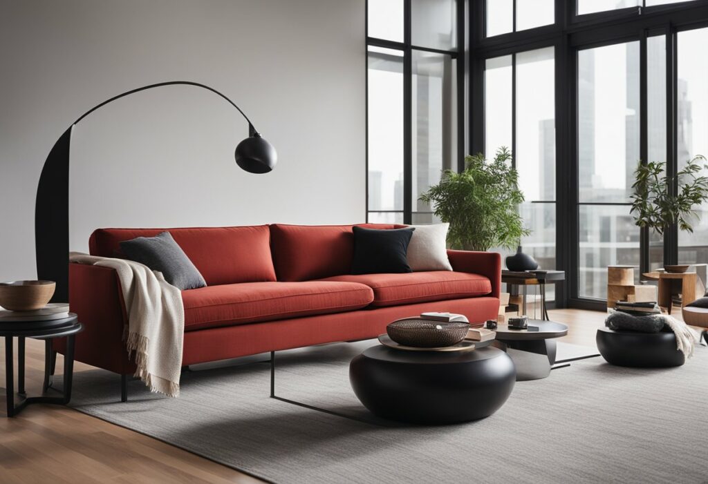 red couch living room design