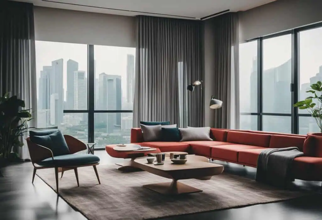 Stylish living room featuring a red sectional sofa, contemporary armchair, and large windows showcas.