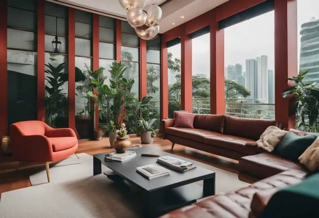 Stylish modern living room with red furniture, large windows, and lush green plants.