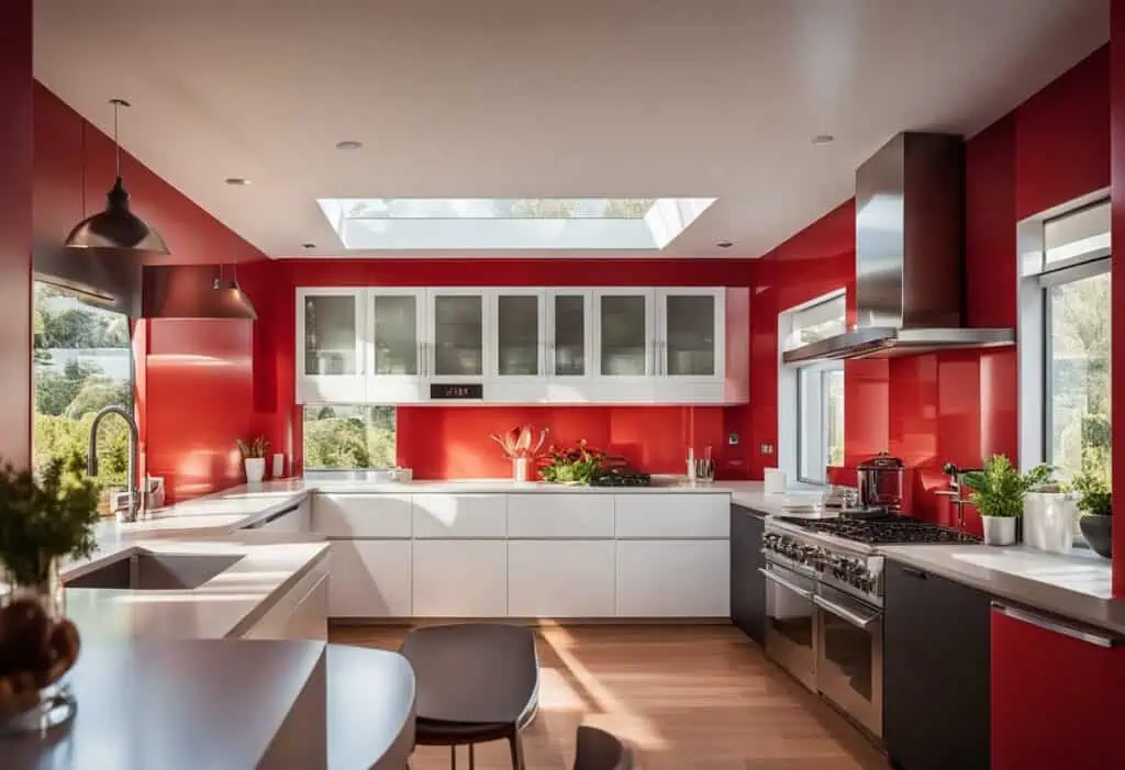Bright red modern kitchen with sleek white cabinets and stainless steel appliances.