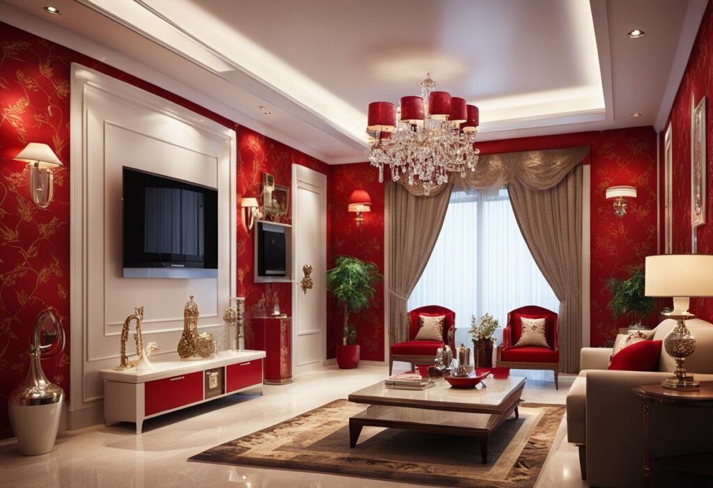 red wallpaper designs for living room