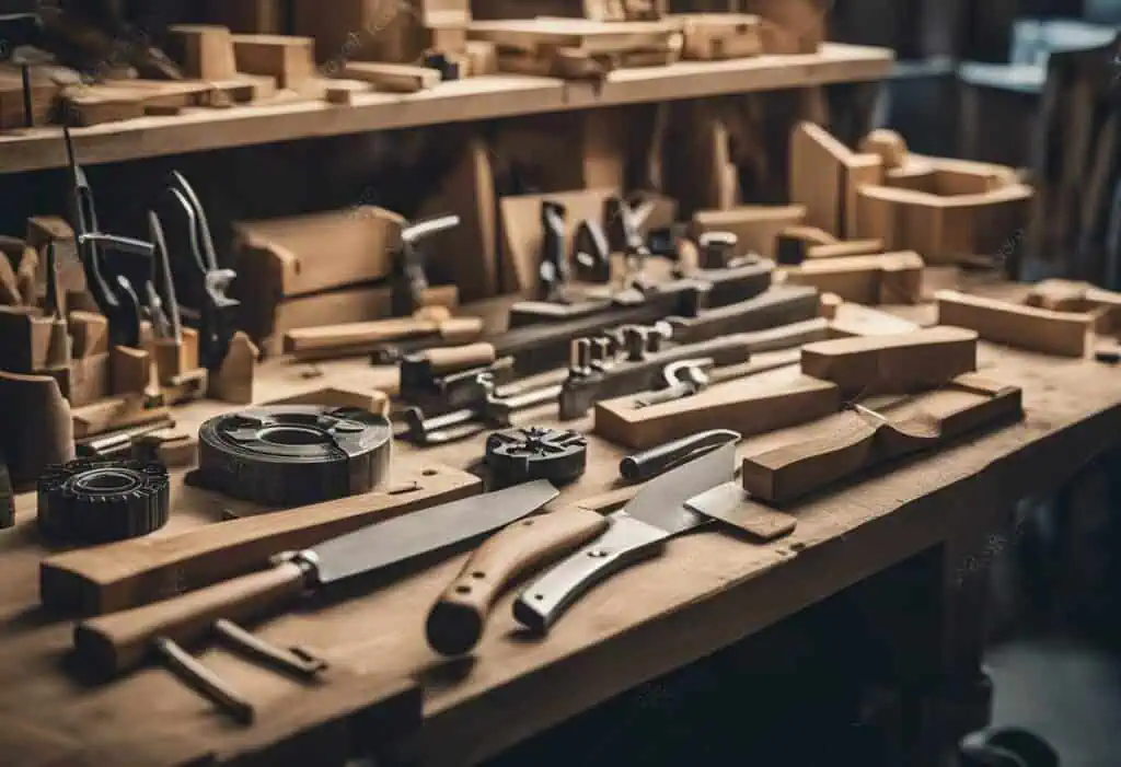 Assorted carpentry tools and woodworking equipment on a workbench.