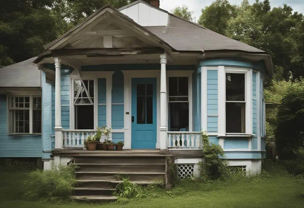 Beautifully renovated blue house with a welcoming porch and lush greenery. Perfect example of budget.