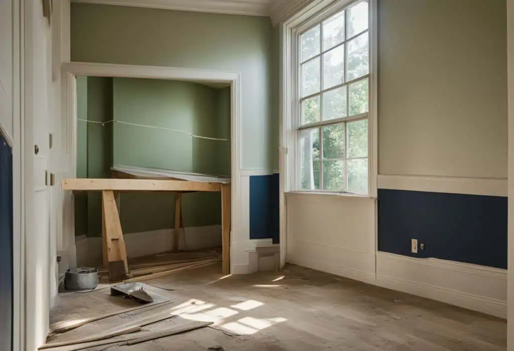 Renovating a house: interior view of a room under transformation with new paint and construction wor.