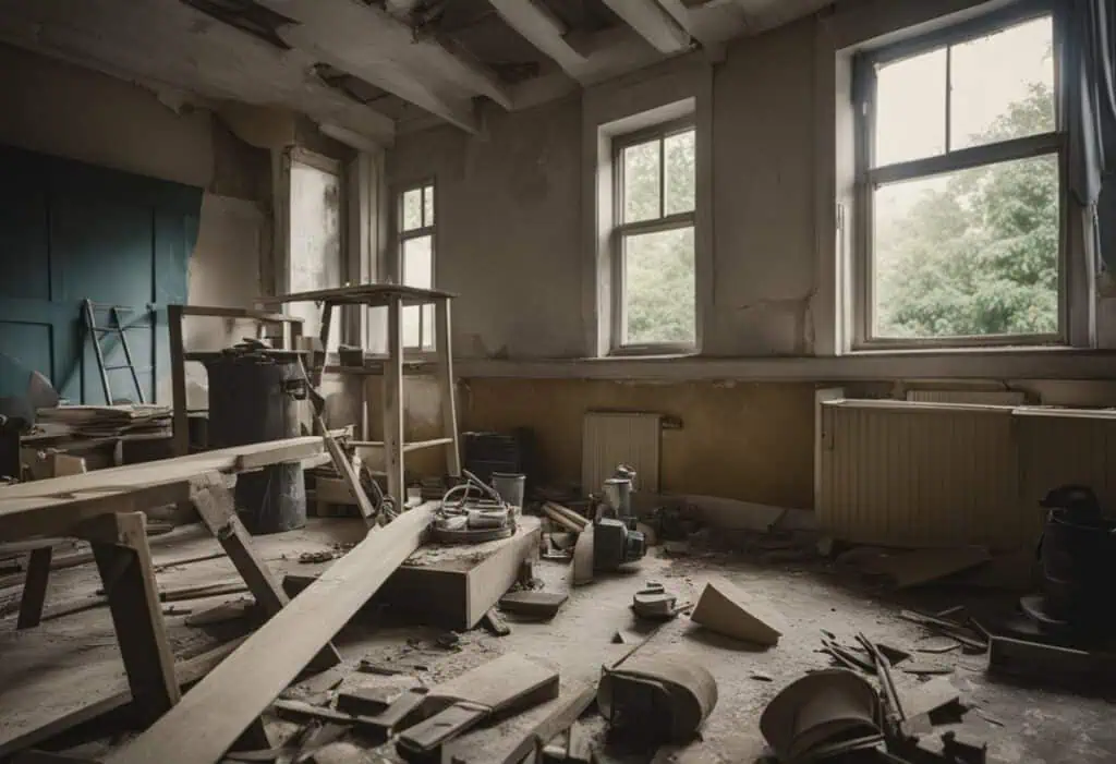 Interior of a house under renovation with tools and construction materials.