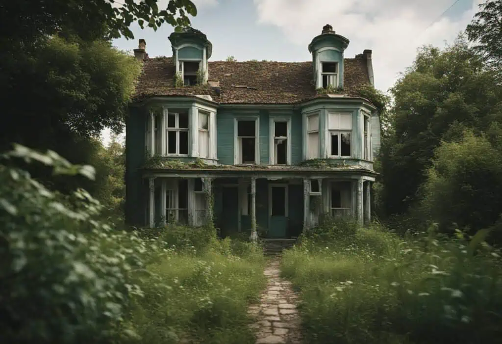 Abandoned Victorian house surrounded by greenery, ready for renovation.