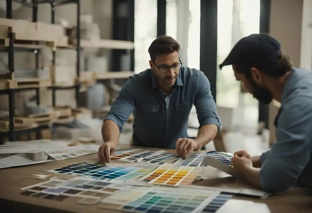 Interior designer discussing color palettes with client in a workshop.