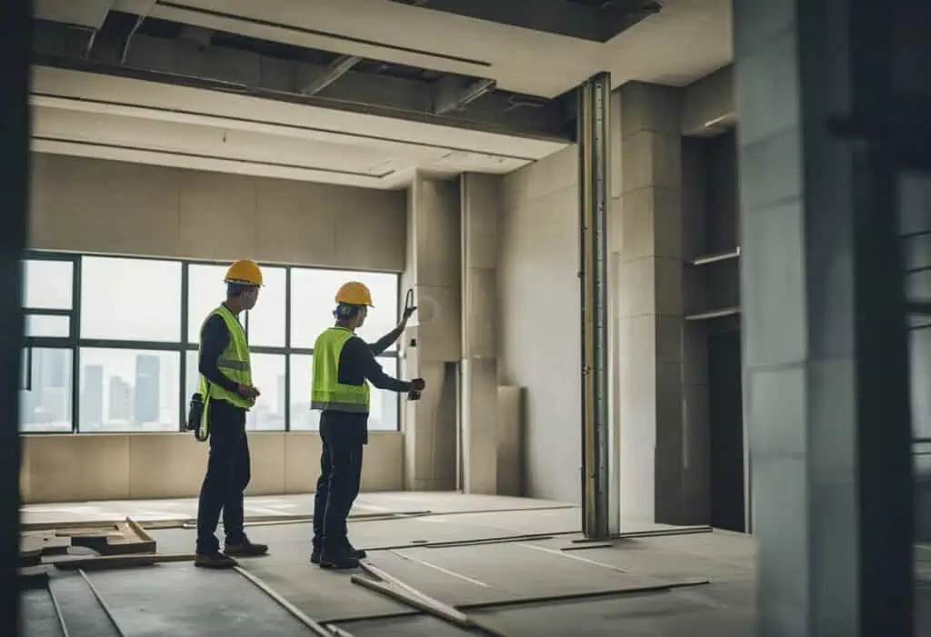 Construction workers inspecting building progress with safety gear.