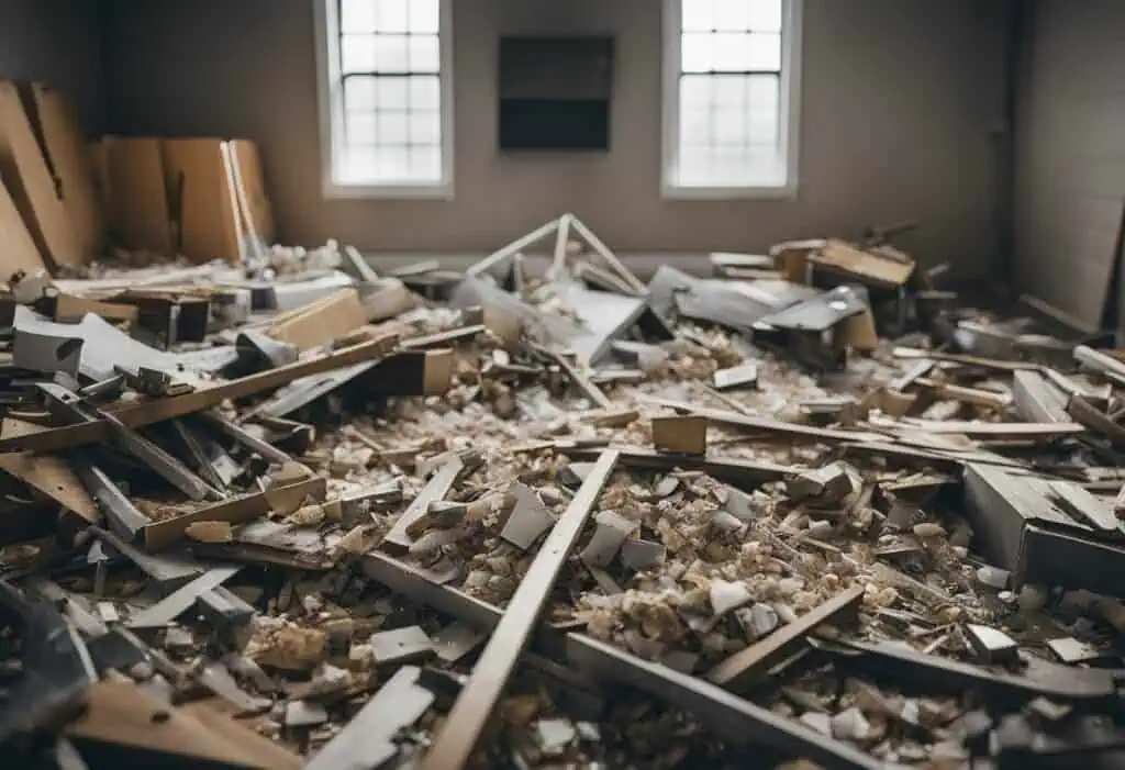 Debris from home renovation with scattered wood, drywall, and construction materials.