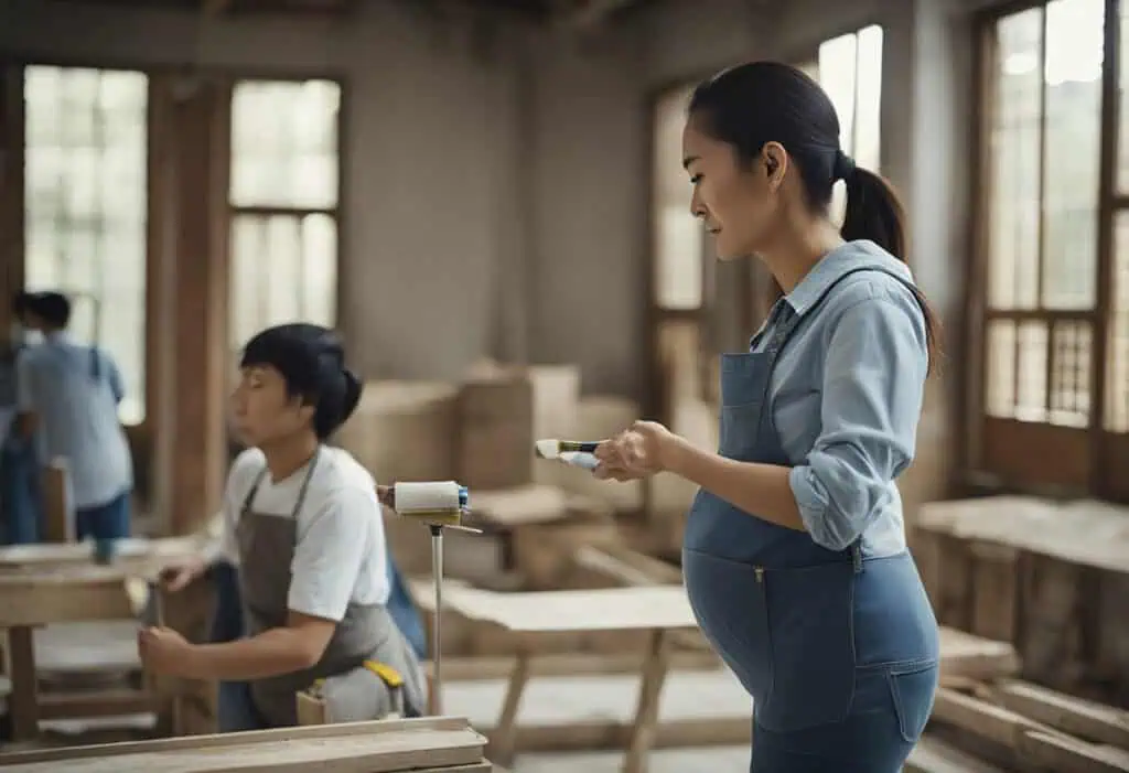 Pregnant woman checking woodworking project in a workshop for safe renovation during pregnancy.