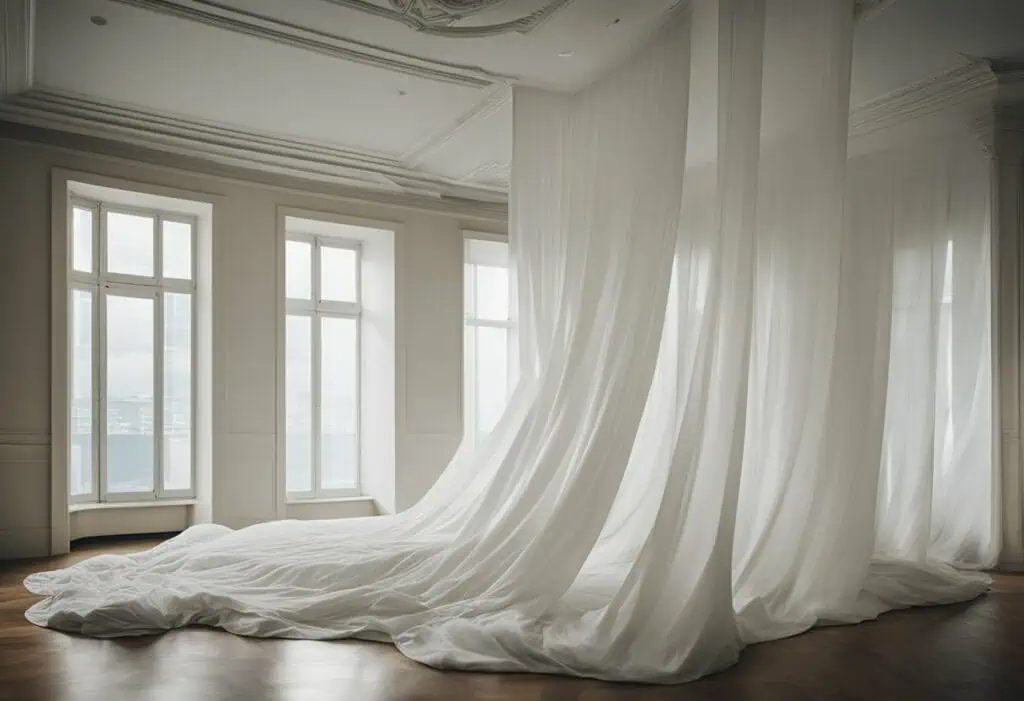 White curtains flowing in a spacious, well-lit room with large windows.
