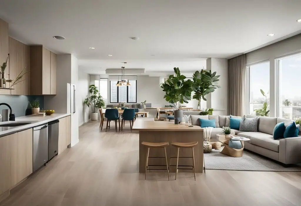 Open-concept small condo with stylish furniture, maximizing space and comfort.