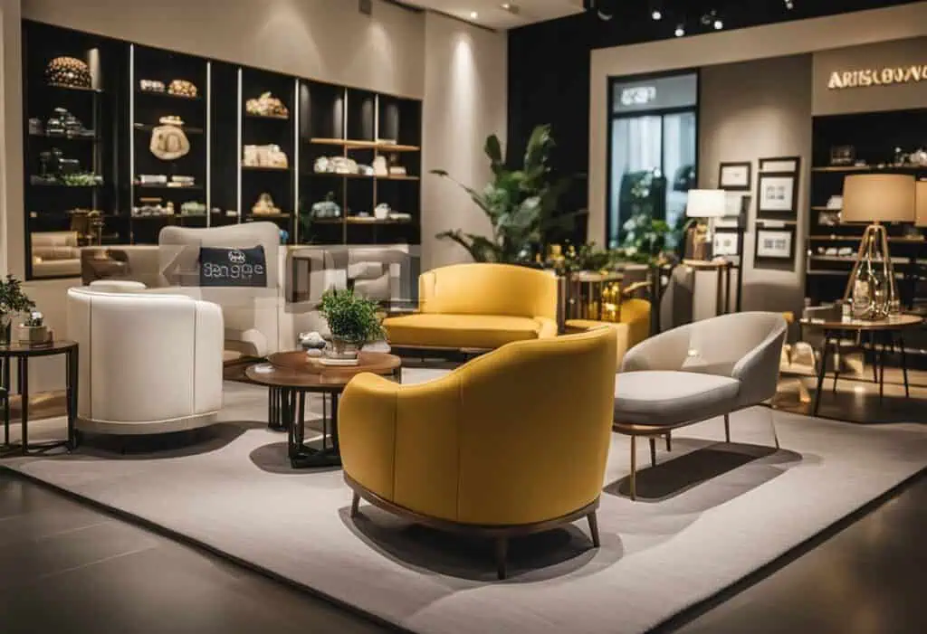 Chic furniture arrangement featuring yellow, white, and gray armchairs in a contemporary setting.