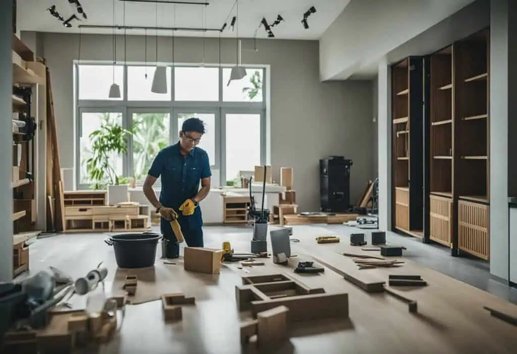 Woodworking workshop with craftsman assembling furniture in a bright, modern space.