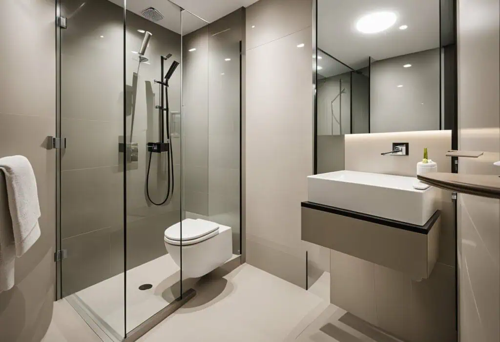 Contemporary resale HDB toilet design featuring a glass shower enclosure and stylish fixtures.
