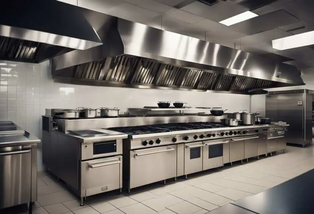 Efficient restaurant kitchen with stainless steel appliances and ventilation system.
