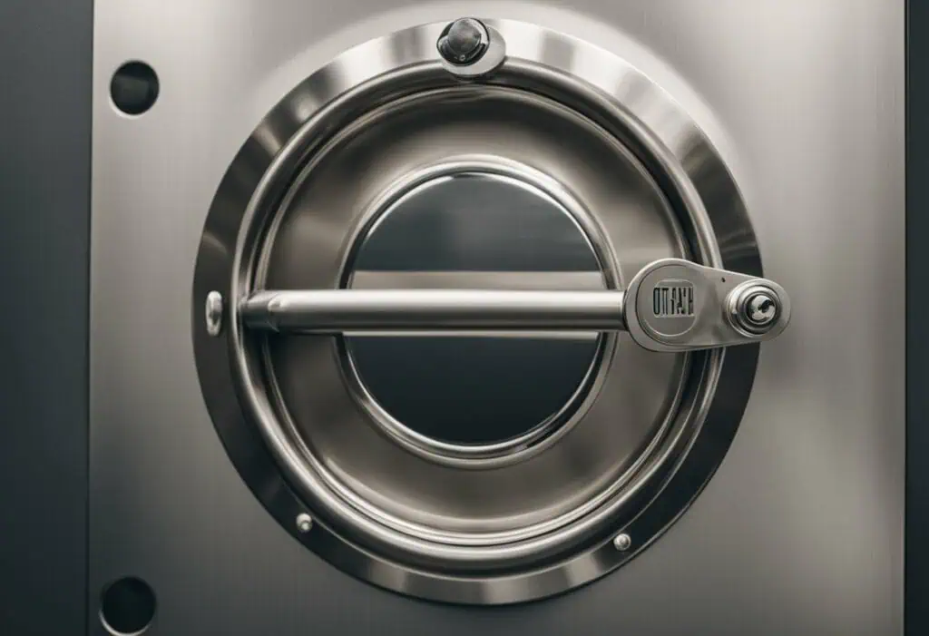 Commercial kitchen door with stainless steel design and secure locking mechanism.