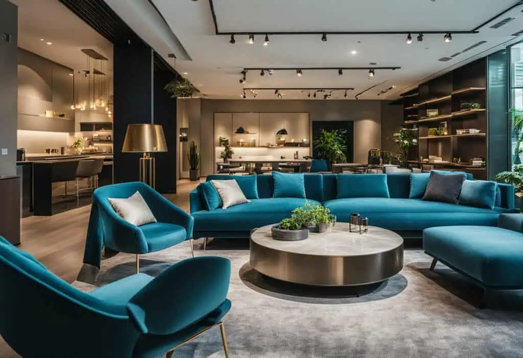 Stylish blue lounge seating with plush cushions in a contemporary retail environment.