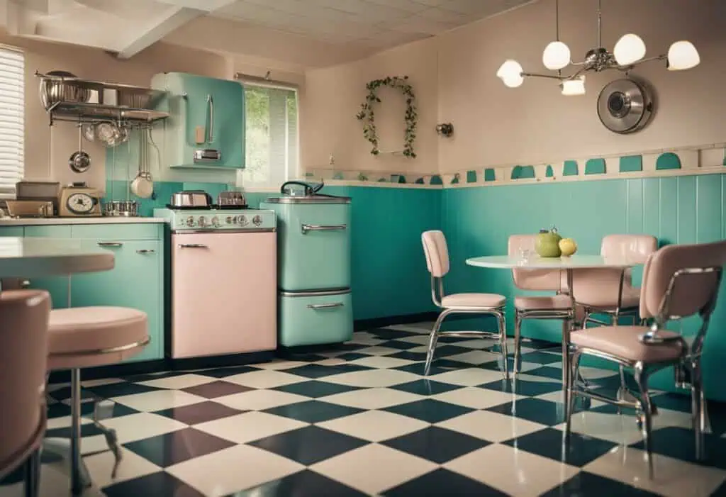 Retro kitchen design featuring pastel turquoise appliances and a black-and-white checkered floor. Pe.