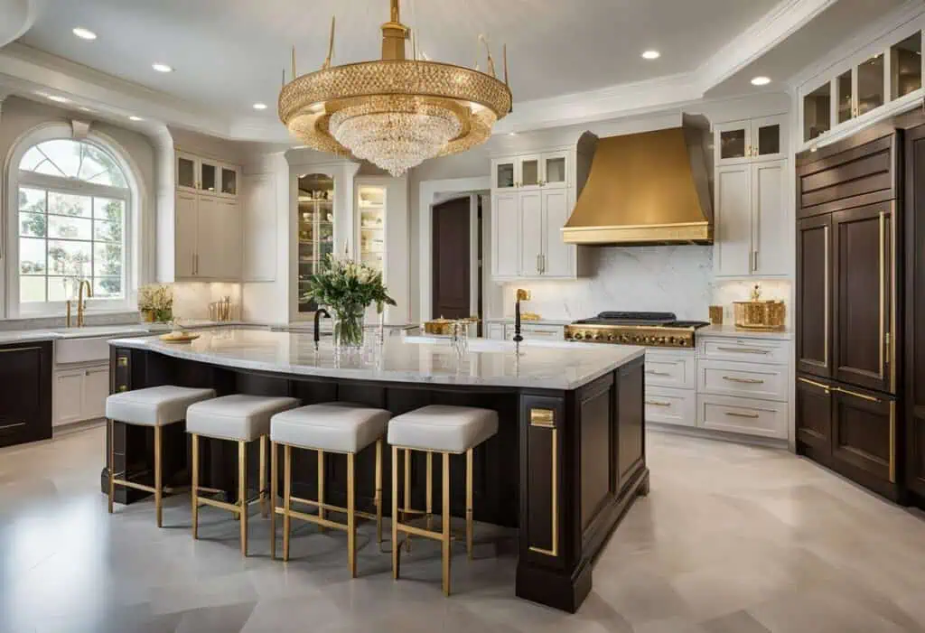 Elegant modern kitchen featuring a gold chandelier and sophisticated cabinetry.