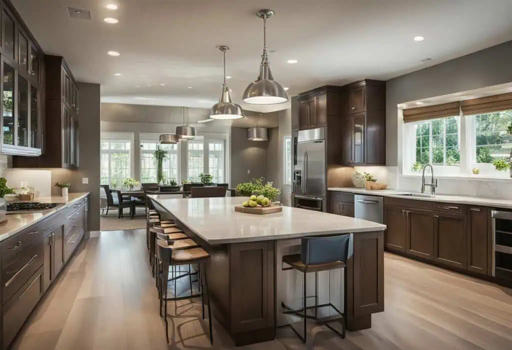Spacious kitchen featuring dark wood cabinetry, a large island, and ample natural light for a functi.