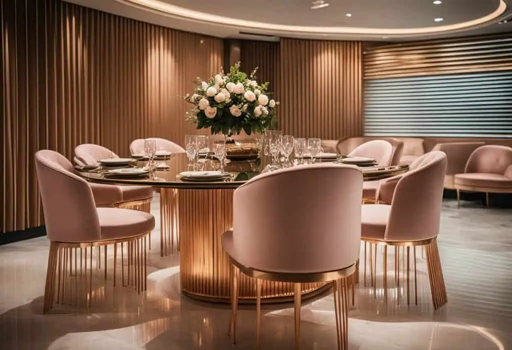 Luxurious rose gold furniture in a sophisticated dining room setting in Singapore. Perfect for eleva.