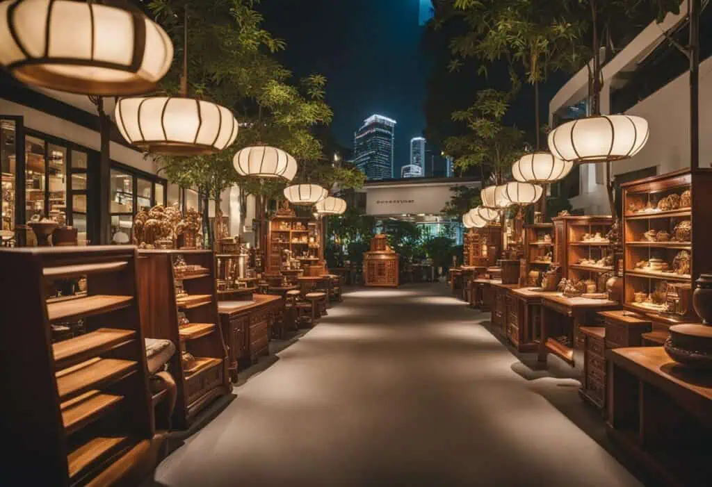 Beautiful rosewood furniture showcased at night in Singapore, highlighting craftsmanship and design.