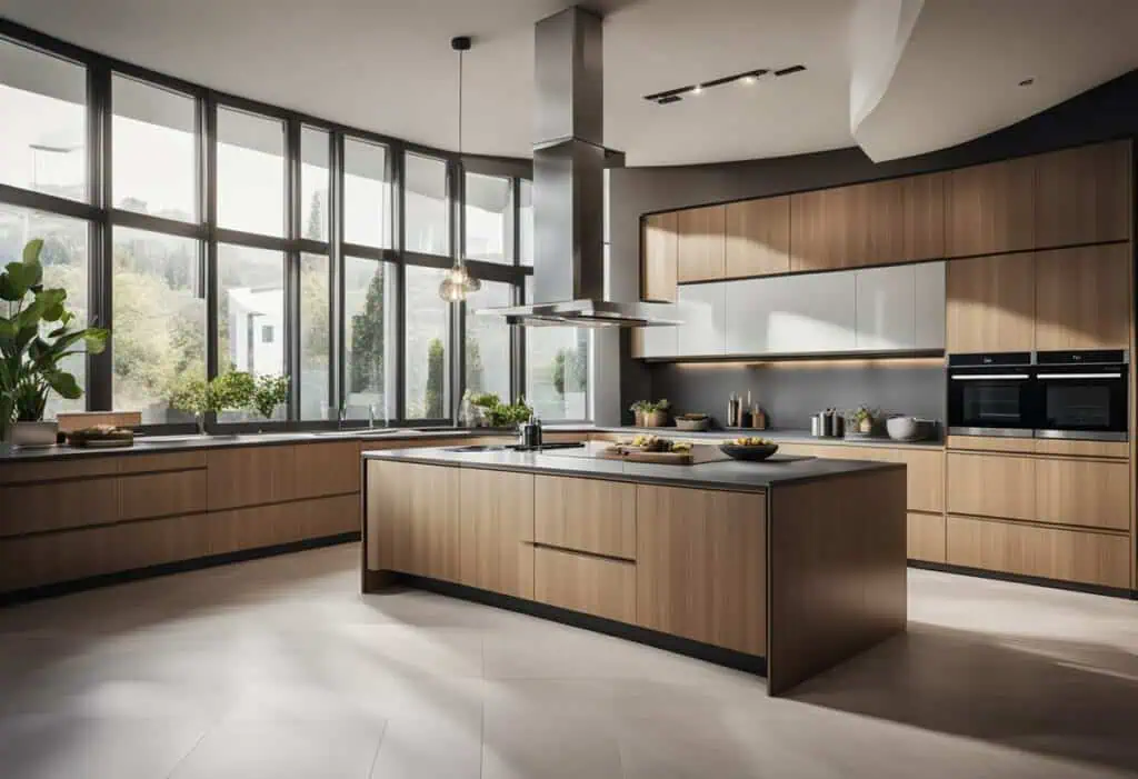 Elegant round kitchen featuring sleek wooden cabinetry and expansive windows for natural light.
