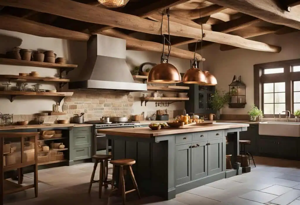 Rustic interior kitchen featuring wooden beams, a central island, and warm lighting for a charming c.
