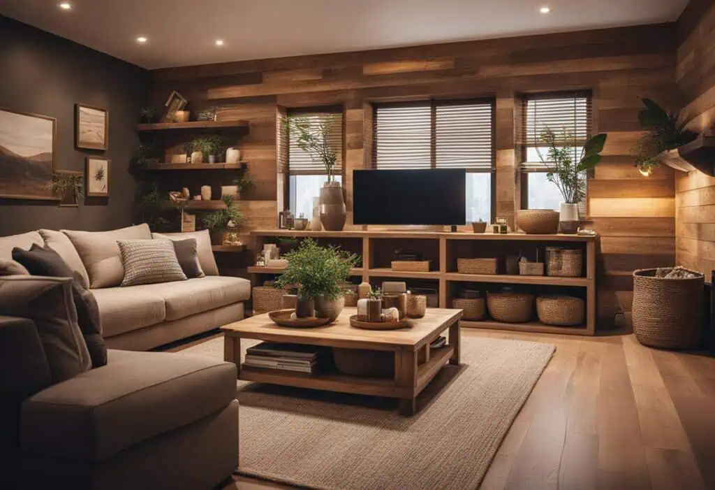 Elegant rustic living room featuring stylish wooden furniture and cozy decor elements.