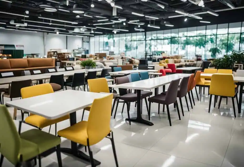 Bright, spacious showroom with diverse chairs and tables for home or office upgrades.