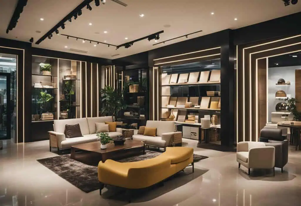 Elegant furniture display in a Singapore showroom showcasing modern sofas, chairs, and decor for sty.
