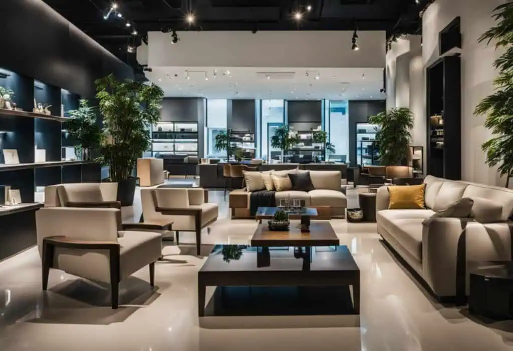 Luxurious home furnishings showcased in a stylish Singapore showroom, featuring contemporary sofas,.