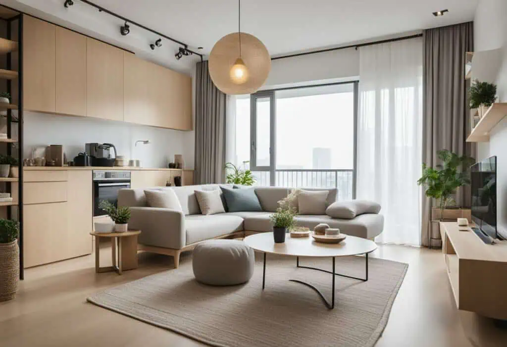 Bright Scandinavian living room with minimalistic furniture and natural light.