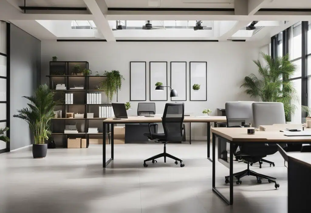 Modern Scandinavian office with minimalist furniture and natural light.