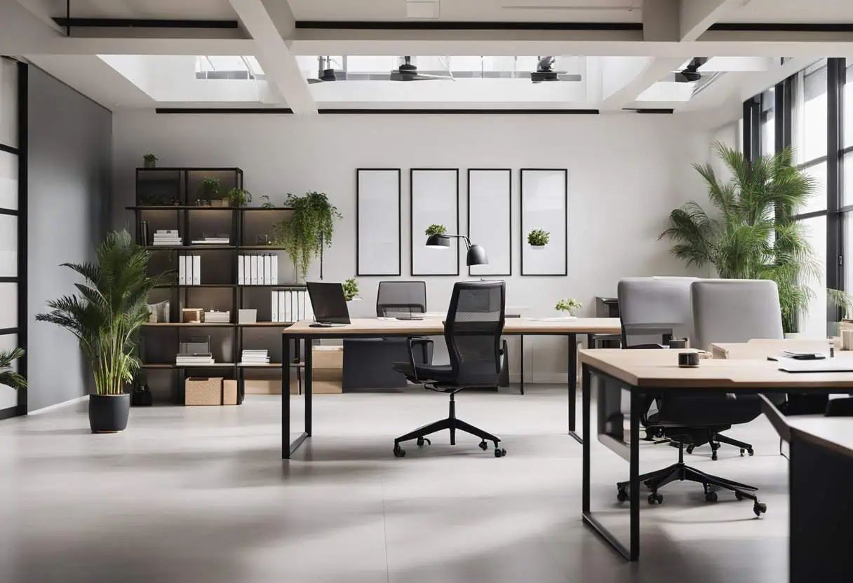 Modern Scandinavian office with minimalist furniture and natural light.