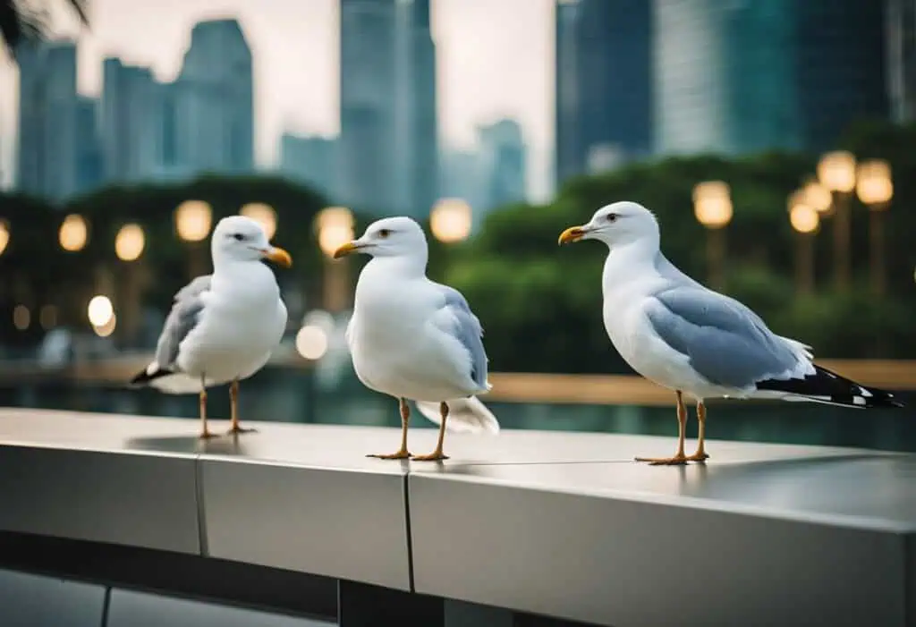 Seagulls perched on a ledge with city skyline background in Singapore.