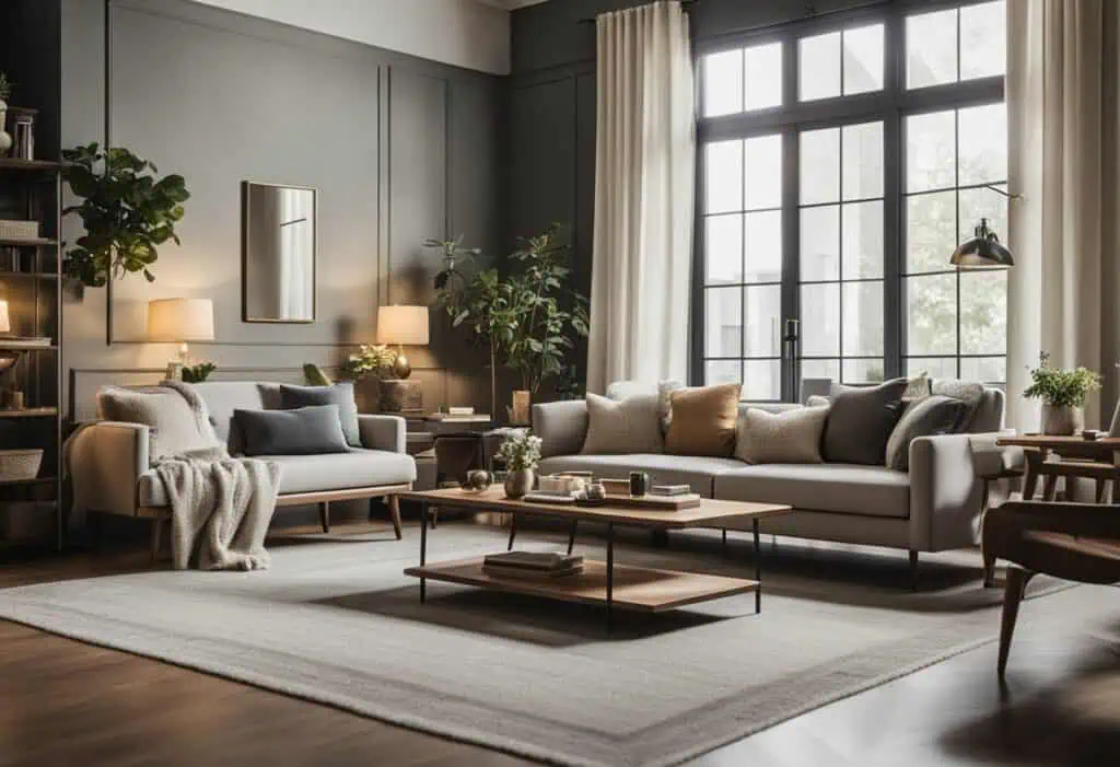 Vintage-inspired living room with stylish sofas, wooden coffee table, and large windows for a cozy h.