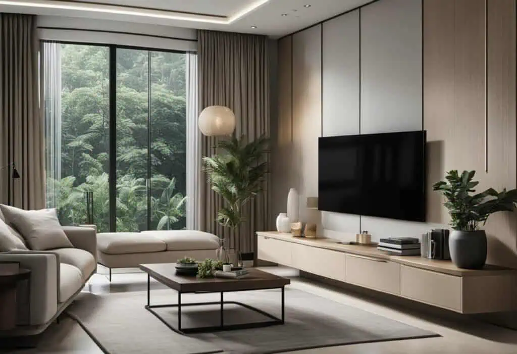Elegant living room with contemporary furniture and large window overlooking greenery.