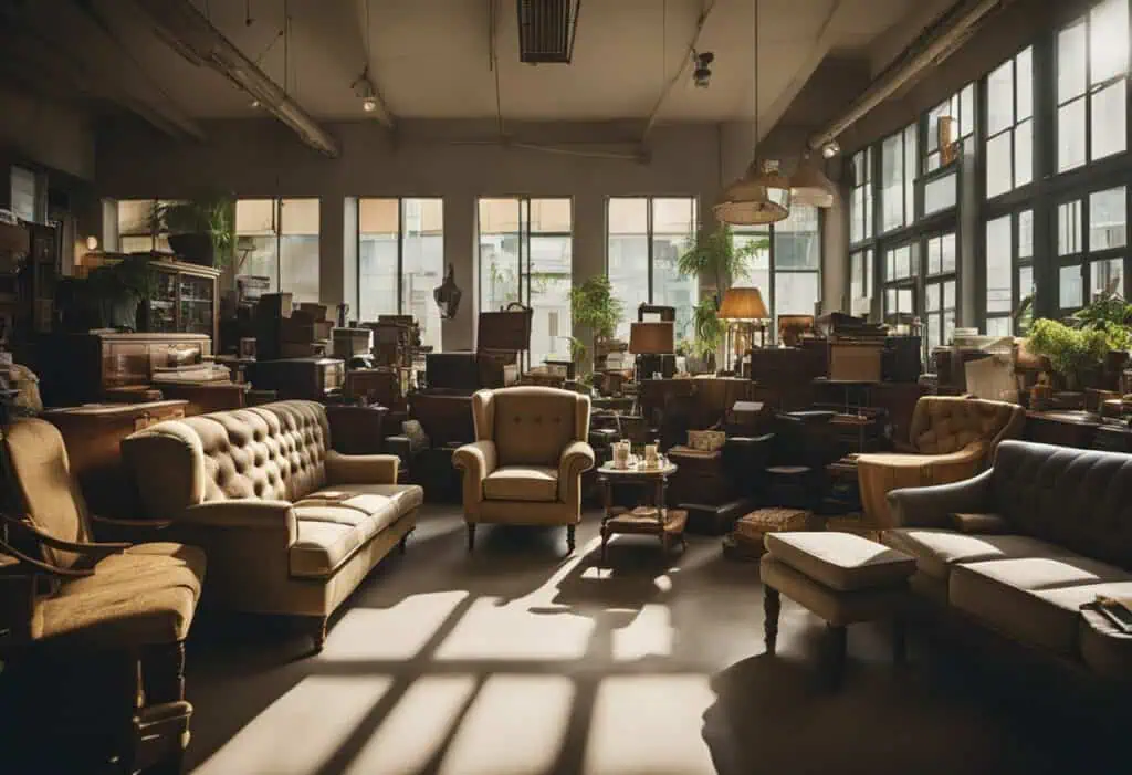 Elegant vintage sofa set in a cozy, well-lit lounge with large windows and indoor plants.