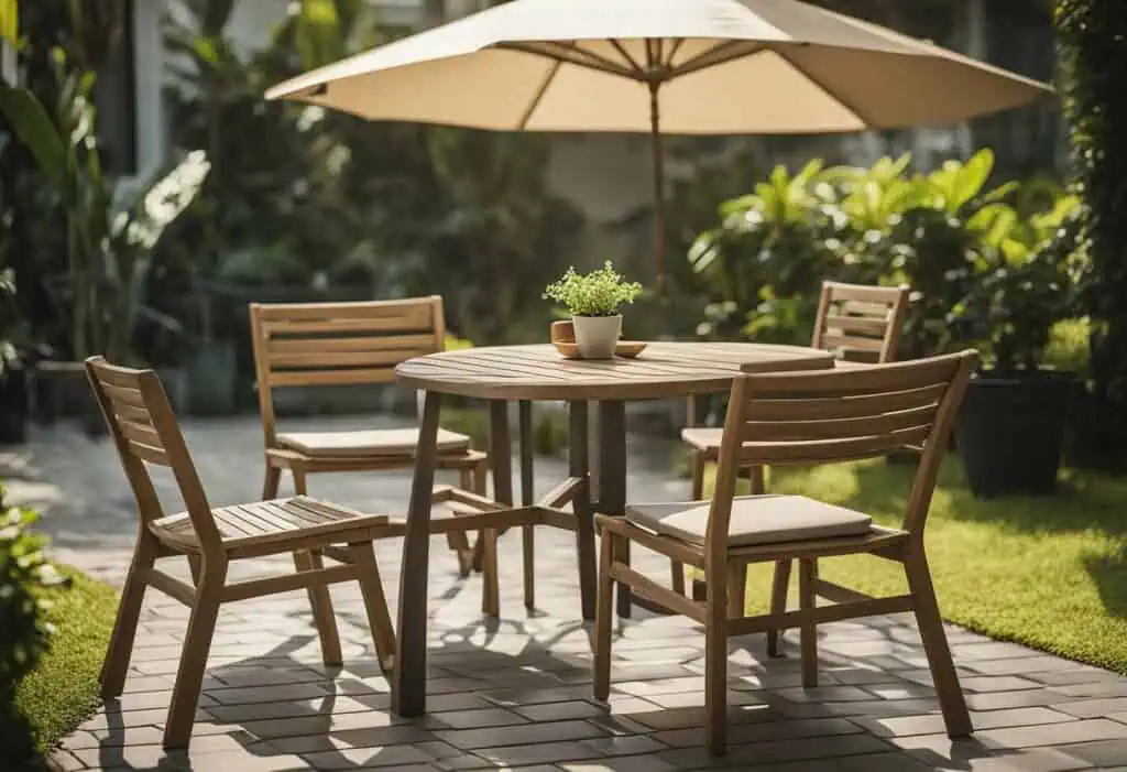 Outdoor wooden garden furniture with table, chairs, and umbrella in a lush backyard setting.