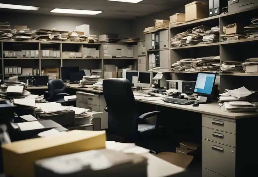 Office workspace with second-hand furniture and cluttered desks.