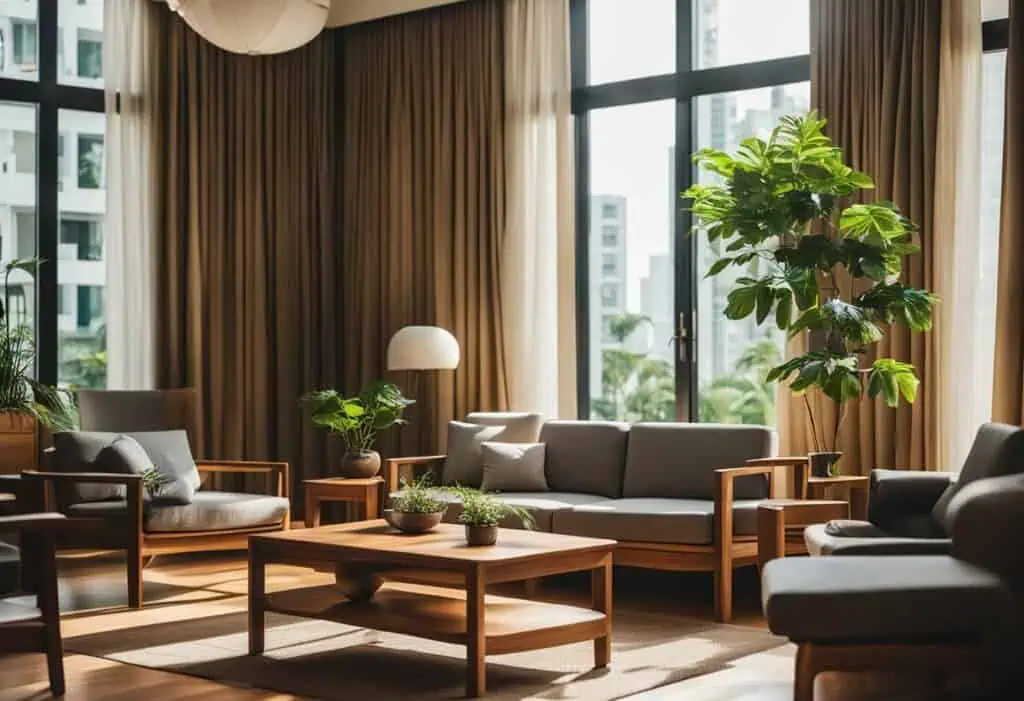 Stylish teak furniture in a modern living room with large windows and natural light.