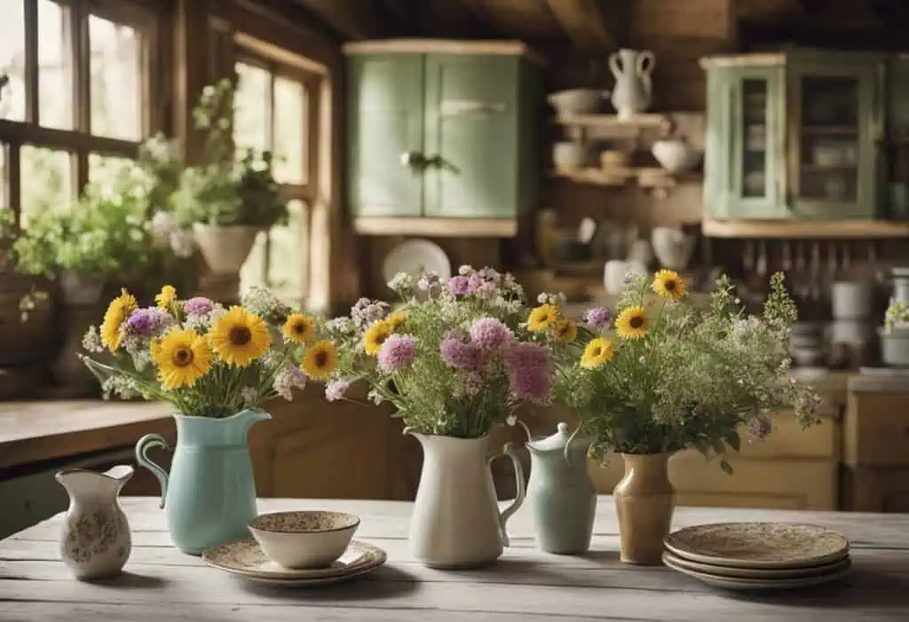 Elegant shabby chic kitchen decor featuring colorful flower vases and rustic wooden cabinets.
