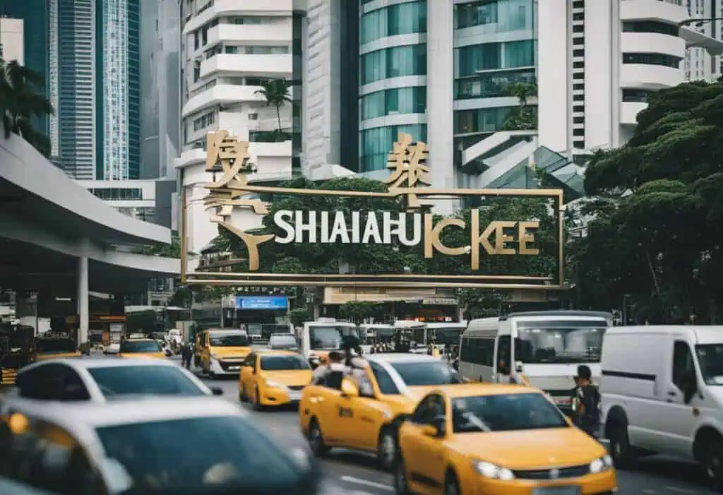 Shanghai Chong Kee Furniture & Construction sign in Singapore cityscape.